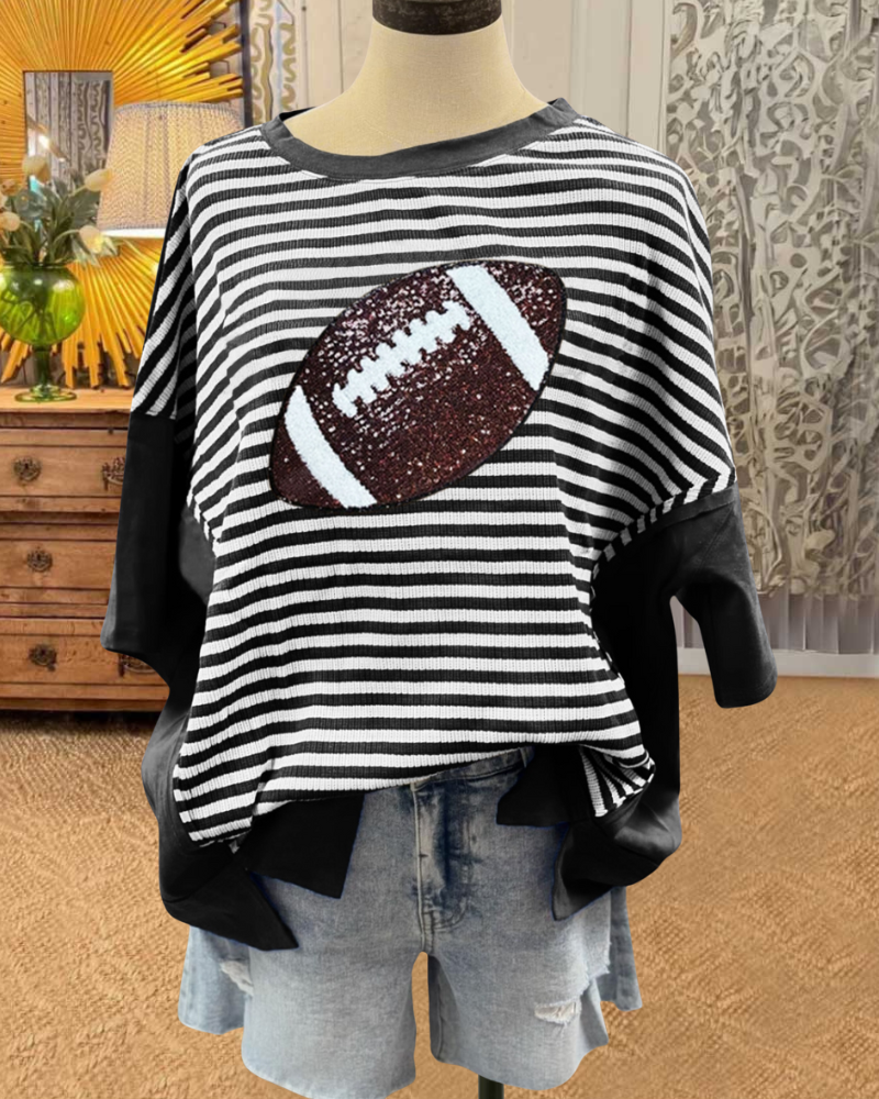Glittery Football Striped Oversized Tee