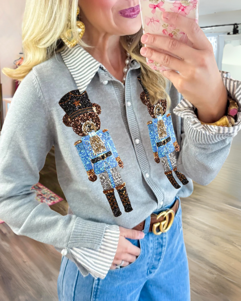 Sparkling Nutcracker Sequined Knit Cardigan