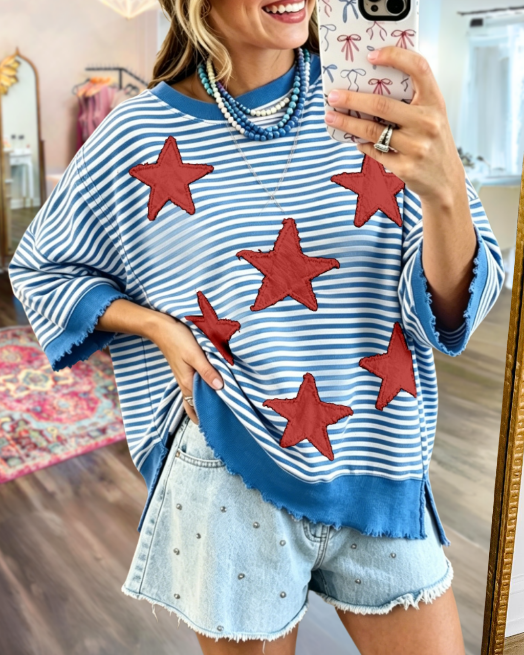 Star-embroidered Appliqué Striped Top