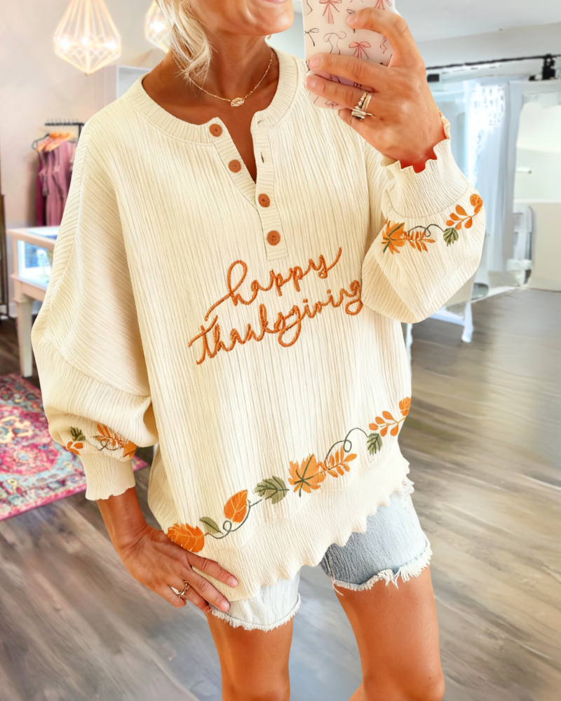 Thanksgiving Leaf-trimmed Ribbed Top