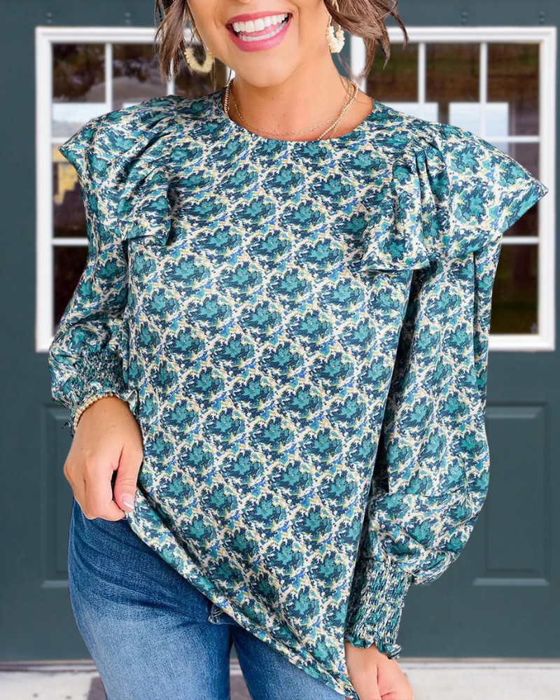 Abstract Print Ruffle Blouse
