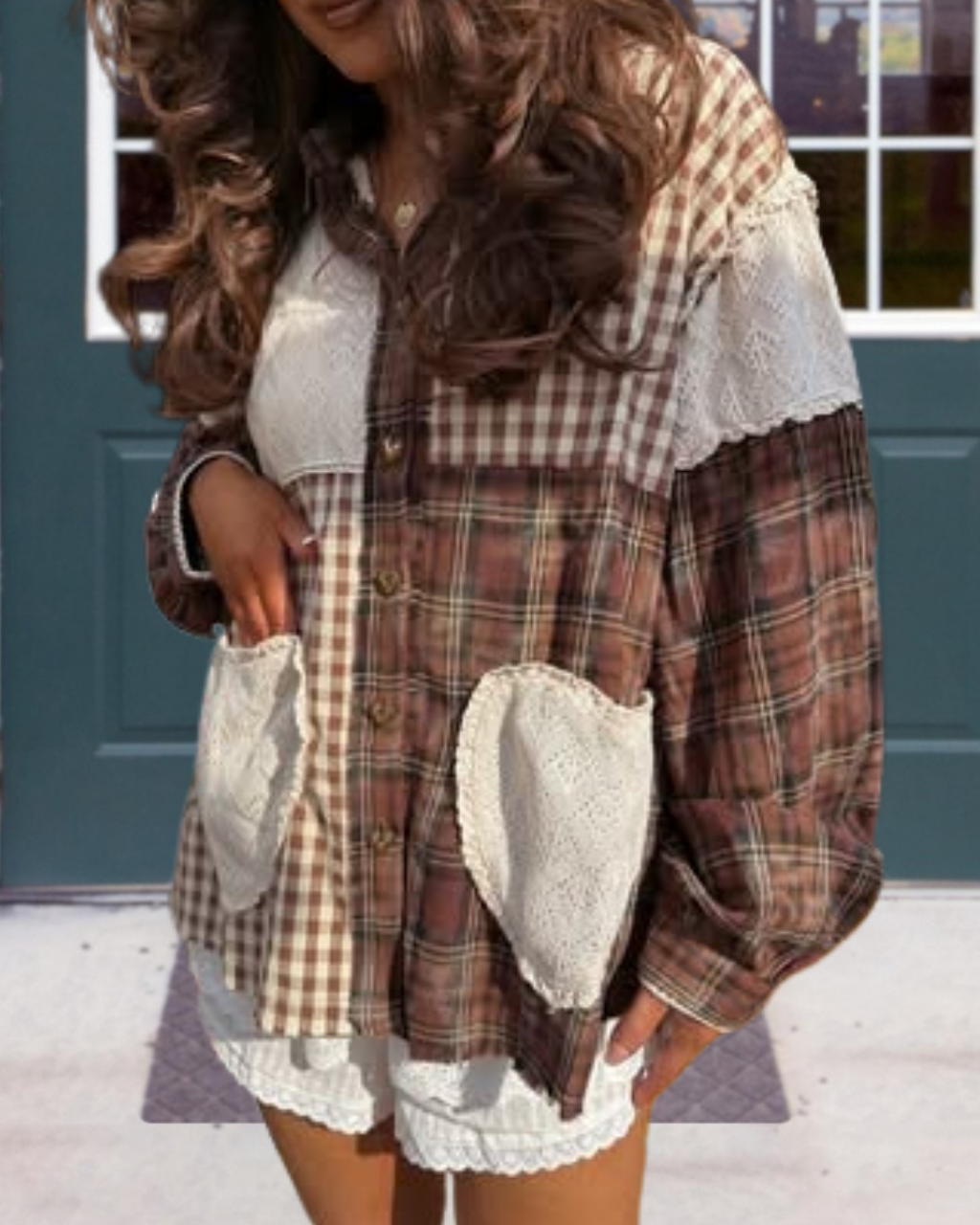 Heart Pocket Color Block Plaid Shirt