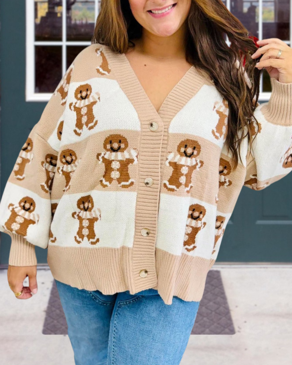 Christmas Gingerbread Man Color-Block Cardigan