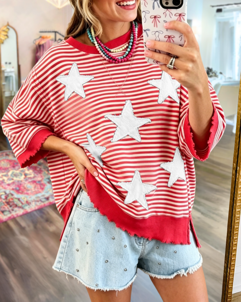 Star-embroidered Appliqué Striped Top