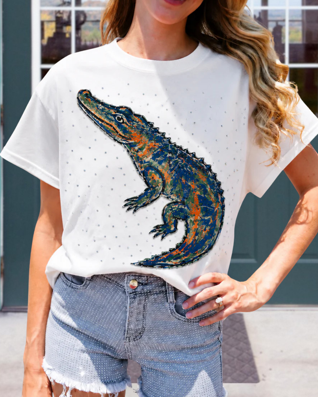 Crocodile Embroidery Rhinestone Tee