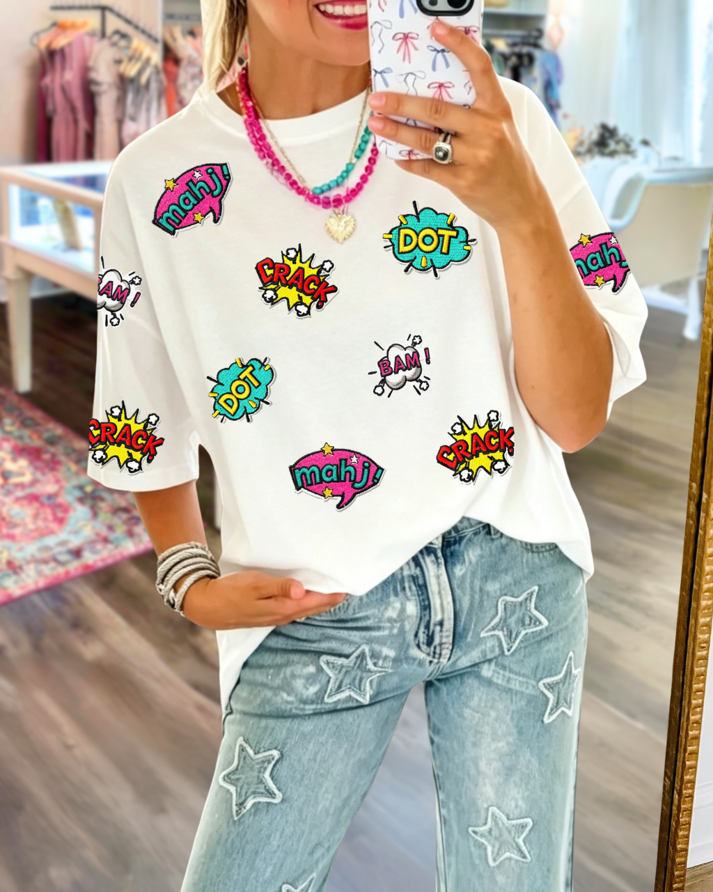 Mahjong-themed Slogan Embroidered Tee