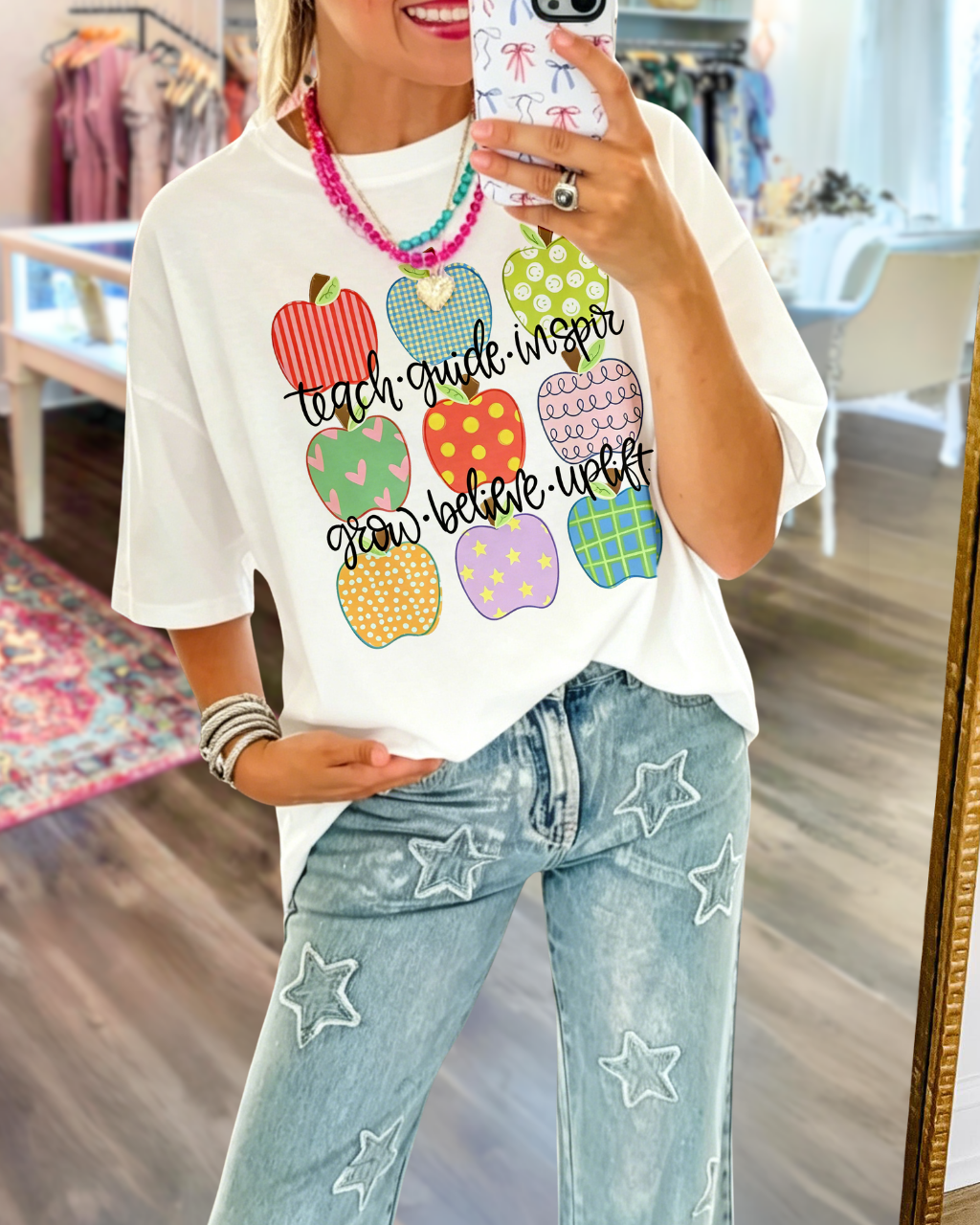 Mixed Print Apple Crewneck T-Shirt