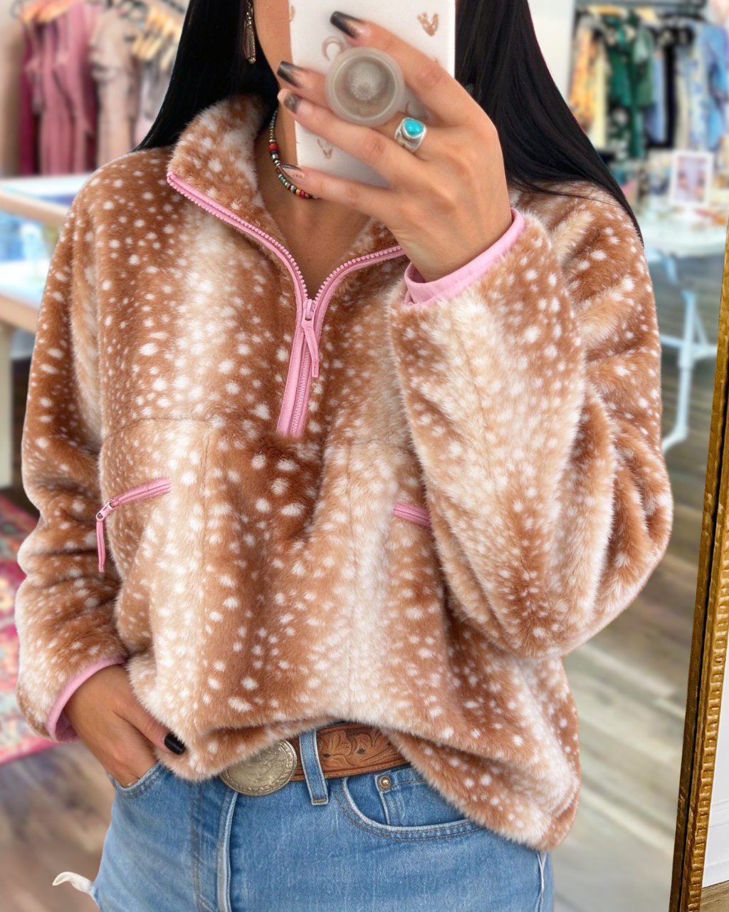 Deer Print Faux Fur Pullover