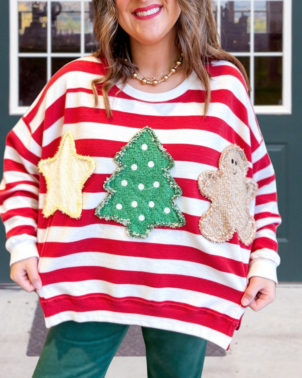 Christmas Tree Star Appliqué Striped Pullover
