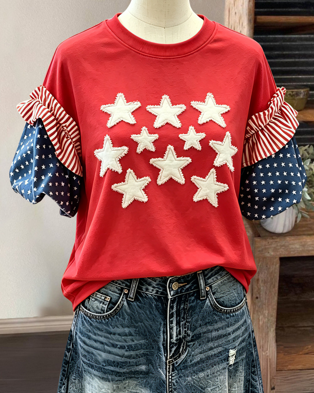 Unique Flag-sleeved Star-embroidered Top