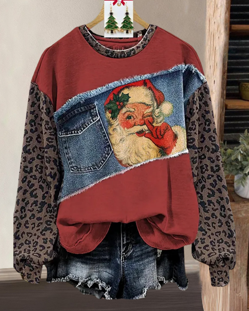 Santa Claus Color-block Leopard Sweatshirt