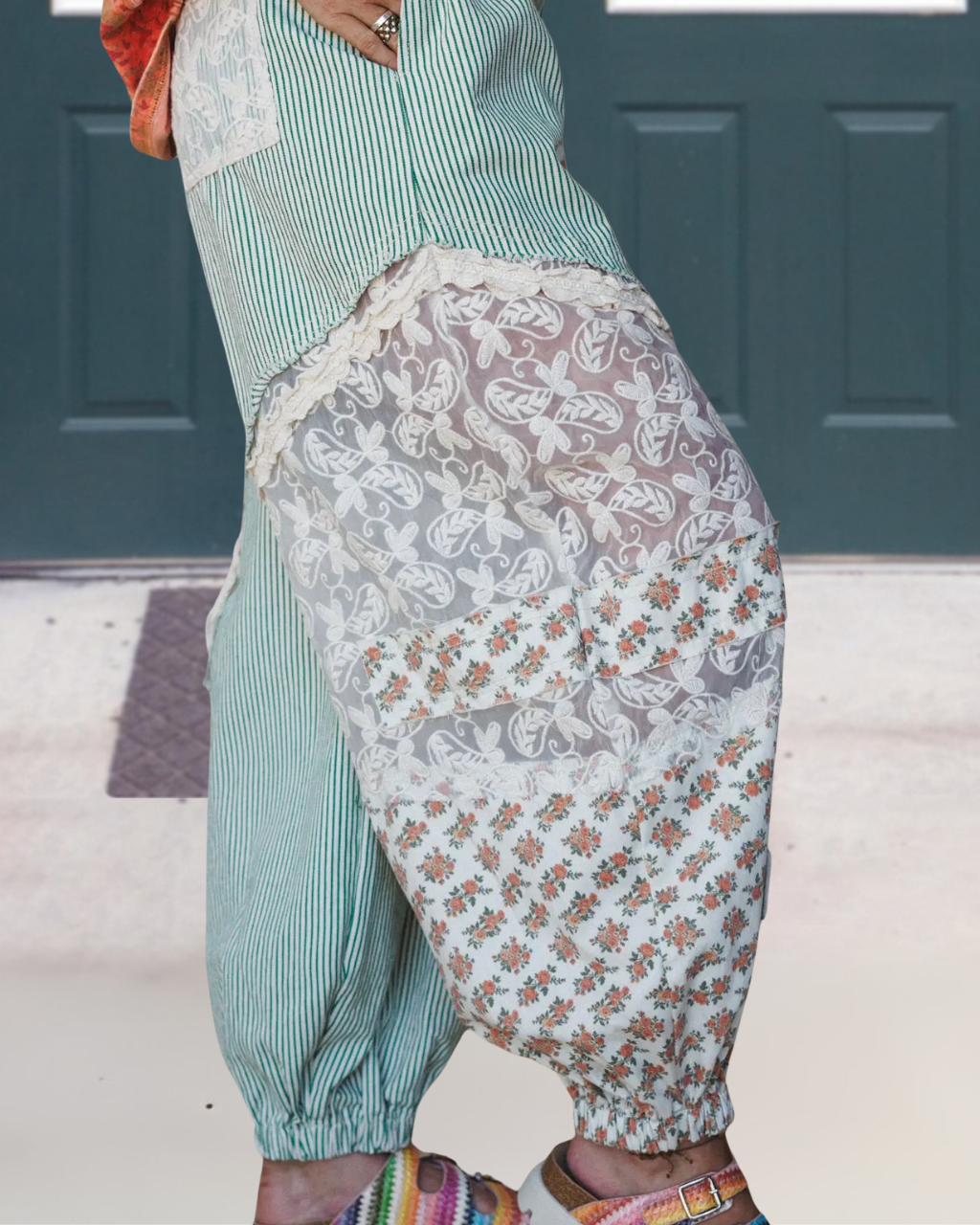 Floral Lace Patchwork Striped Pants