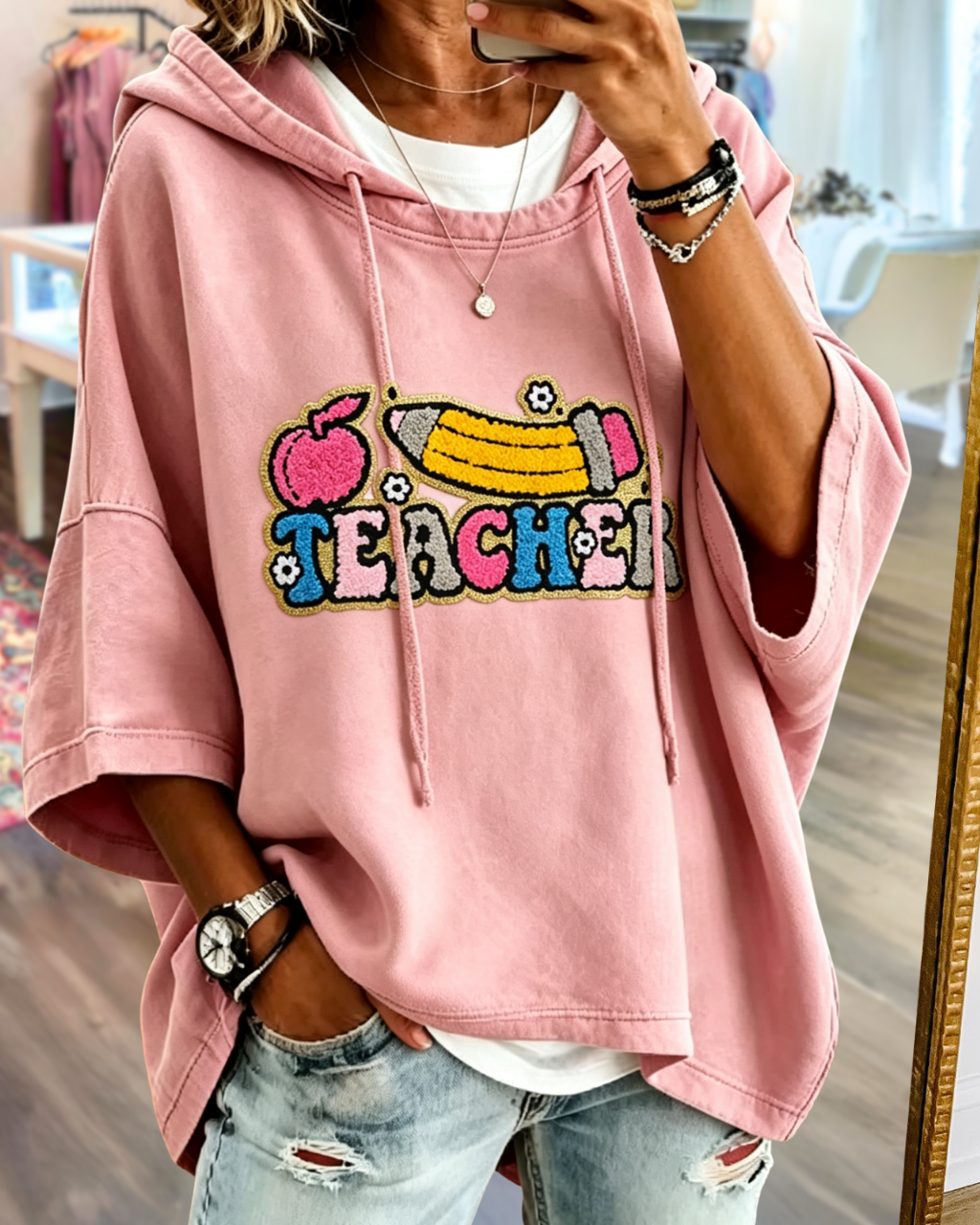 TEACHER Letter Embroidered Hoodie