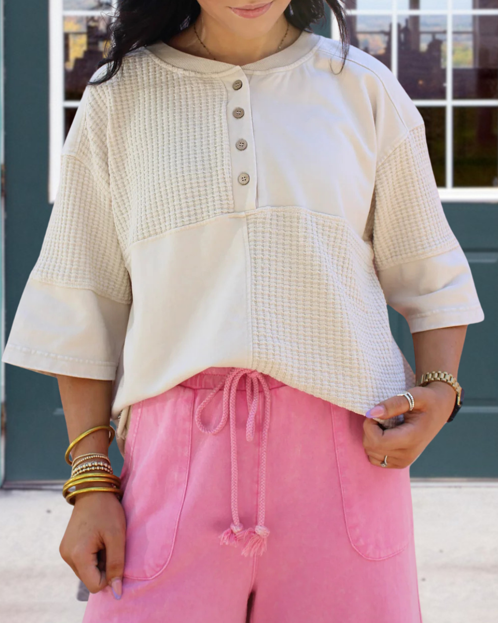 Waffle Patchwork Henley Top