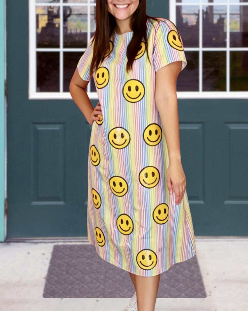 Smiley Face Sequined Colorful Striped Dress