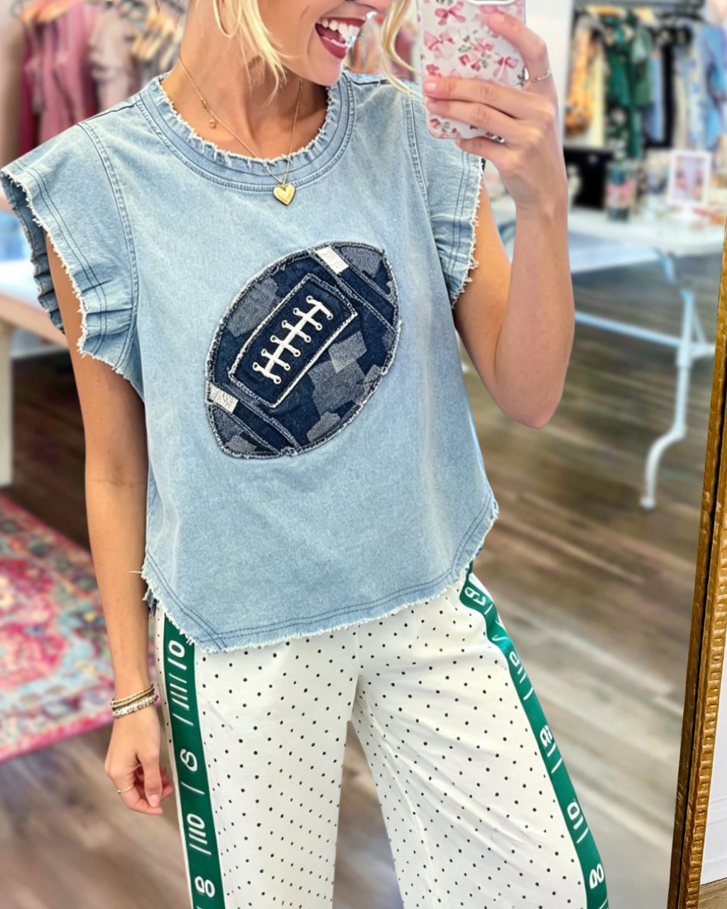Football Embroidered Ruffle Denim Top