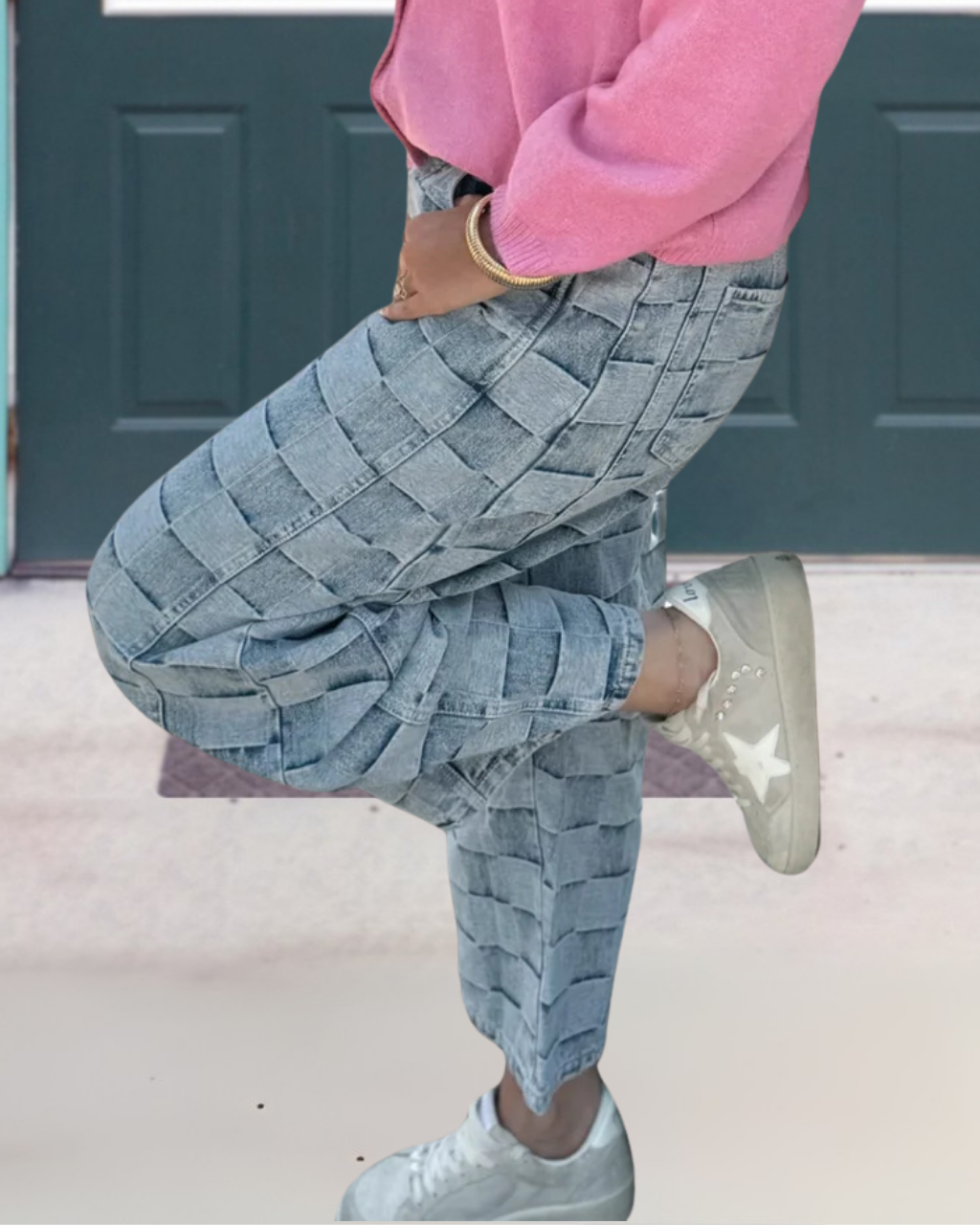 Checkerboard Print Patchwork Jeans