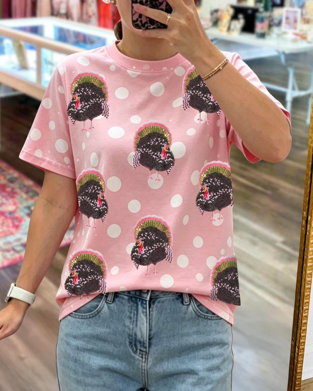 Polka Dot Sequined Turkey Print T-shirt