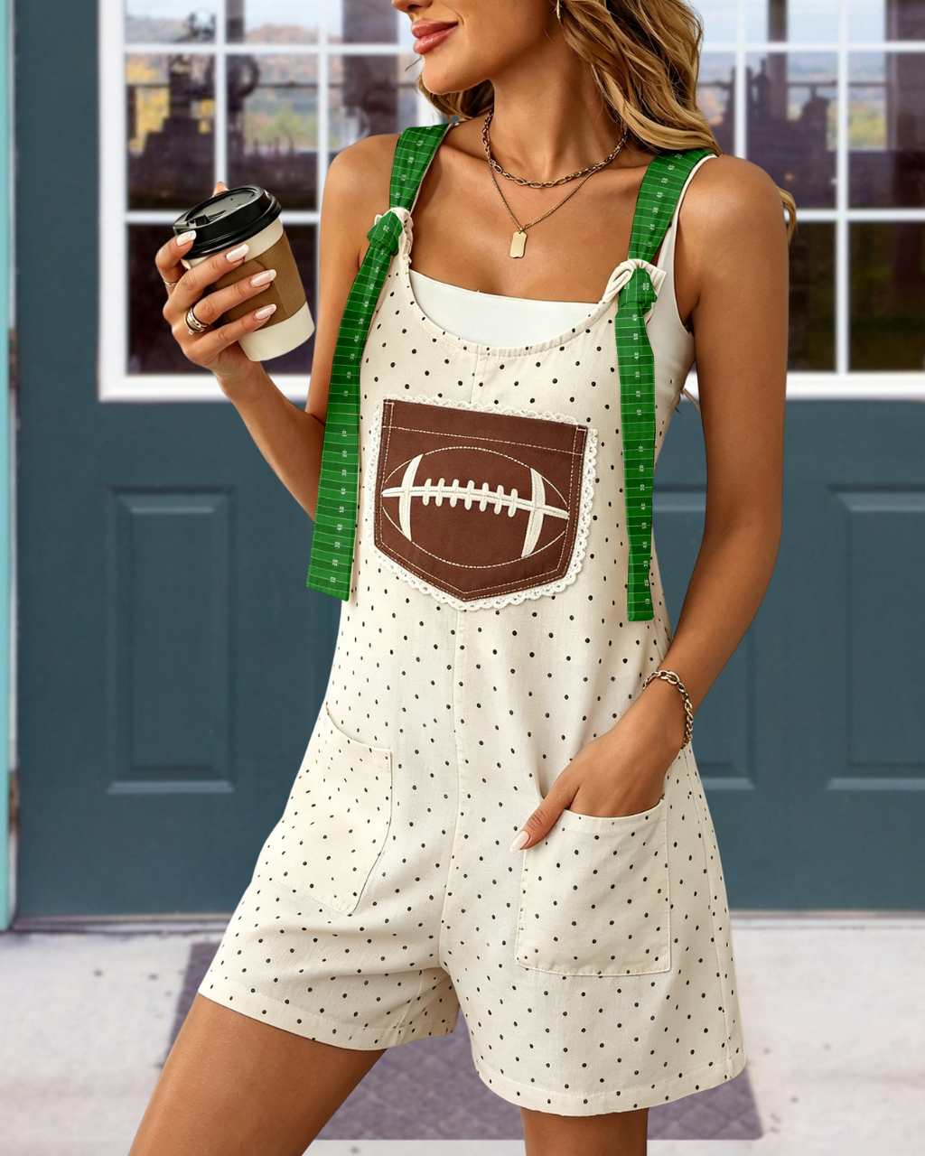 Football-Embroidered Field-Line Polka-dot Jumpsuit