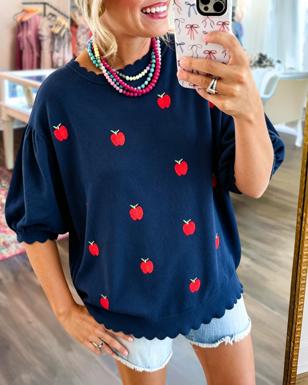 Apple Embroidered Wave Trim Pullover
