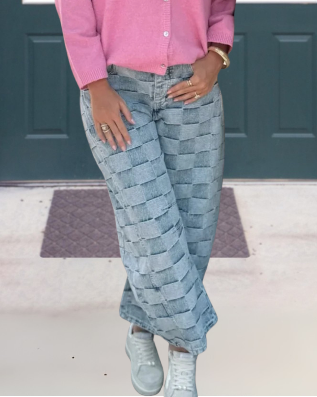 Checkerboard Print Patchwork Jeans