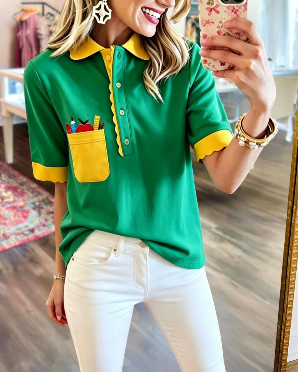 Contrast School Supplies Pocket Polo Top