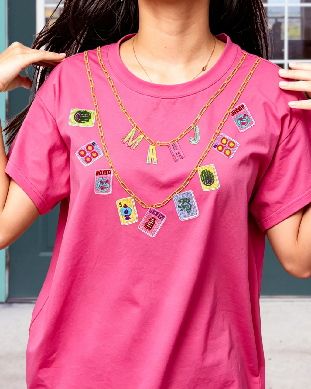 Mahjong Embroidered Necklace T-shirt