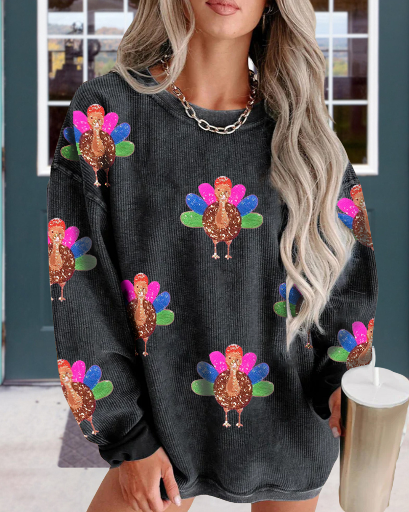 Sparkling Turkey Sequin Ribbed Sweatshirt