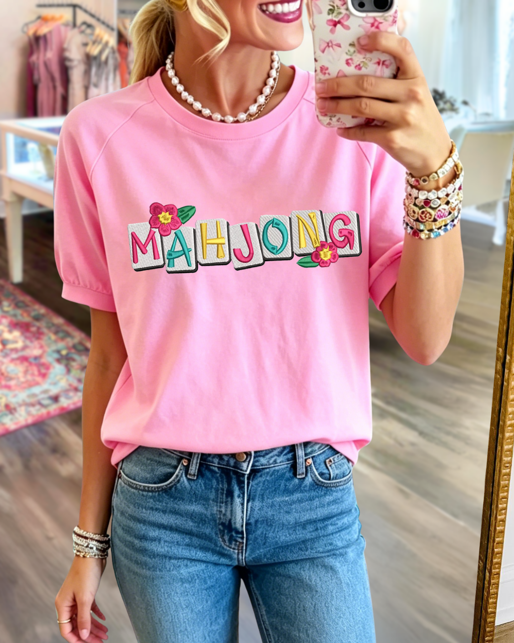 Mahjong Floral Embroidered T-Shirt