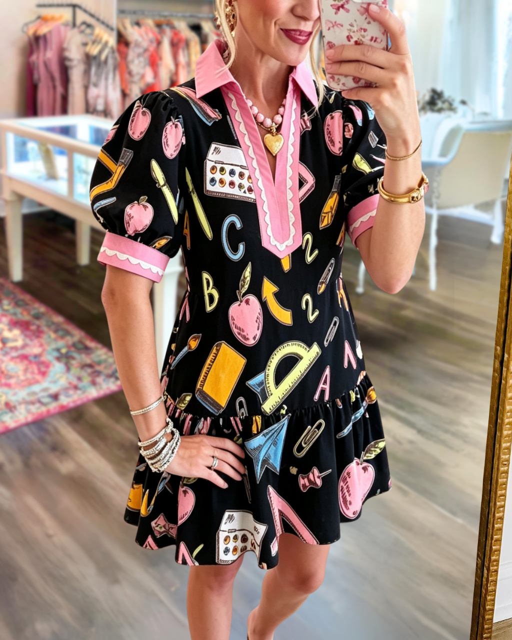 School Supplies Pattern V-neck Dress