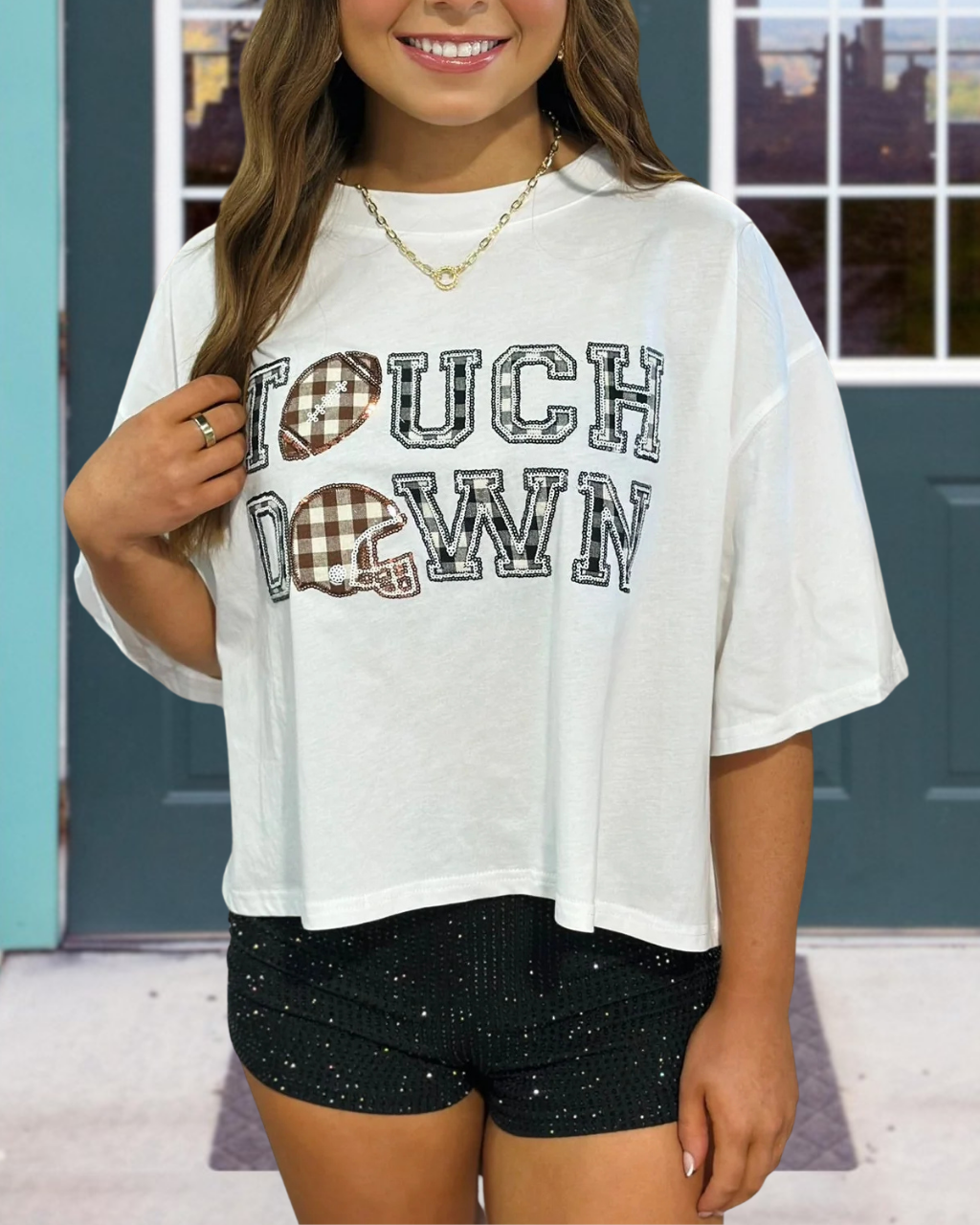 Touch Down Helmet Football Sequined T-Shirt