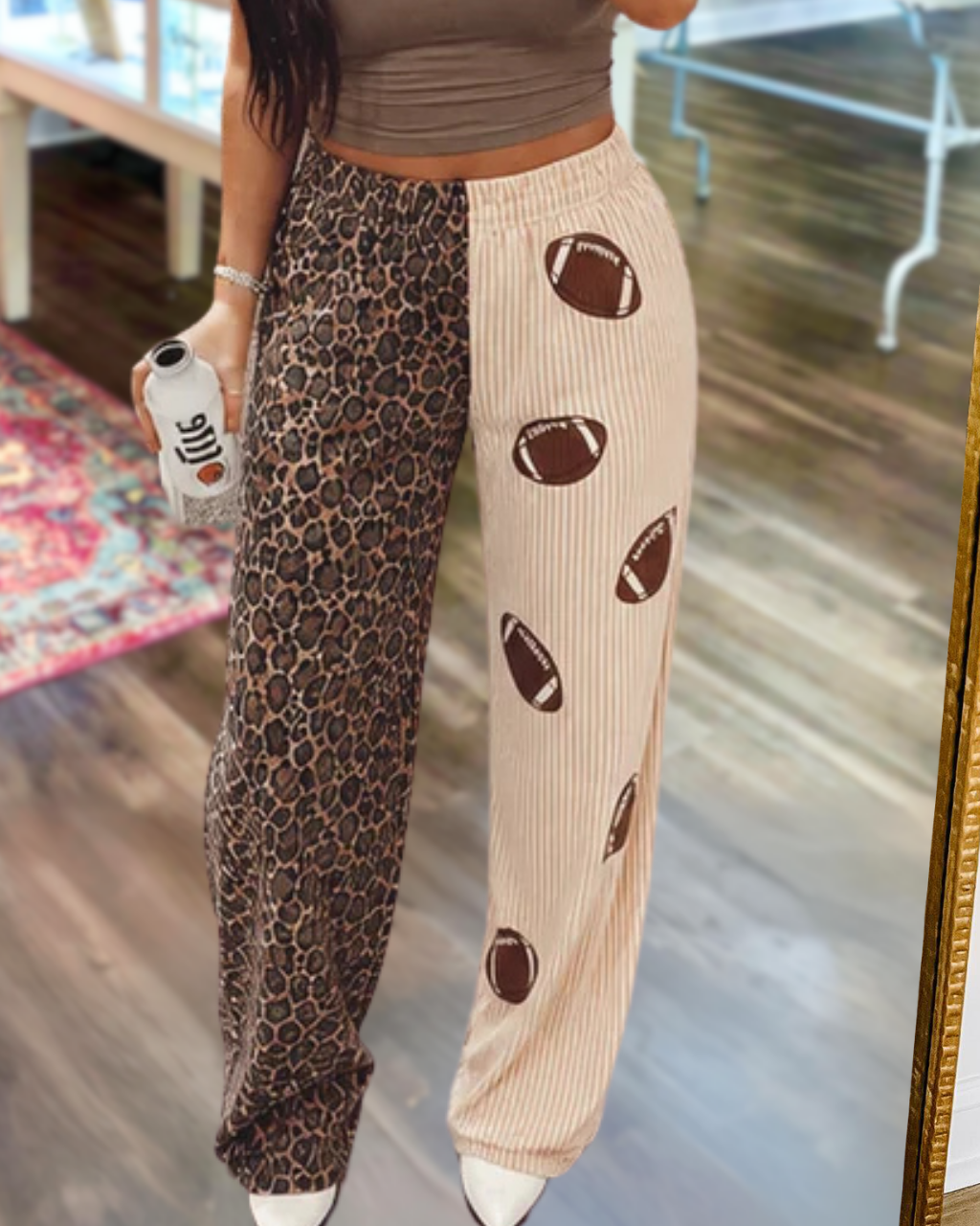 Leopard Print Football Pinstripe Patchwork Pants