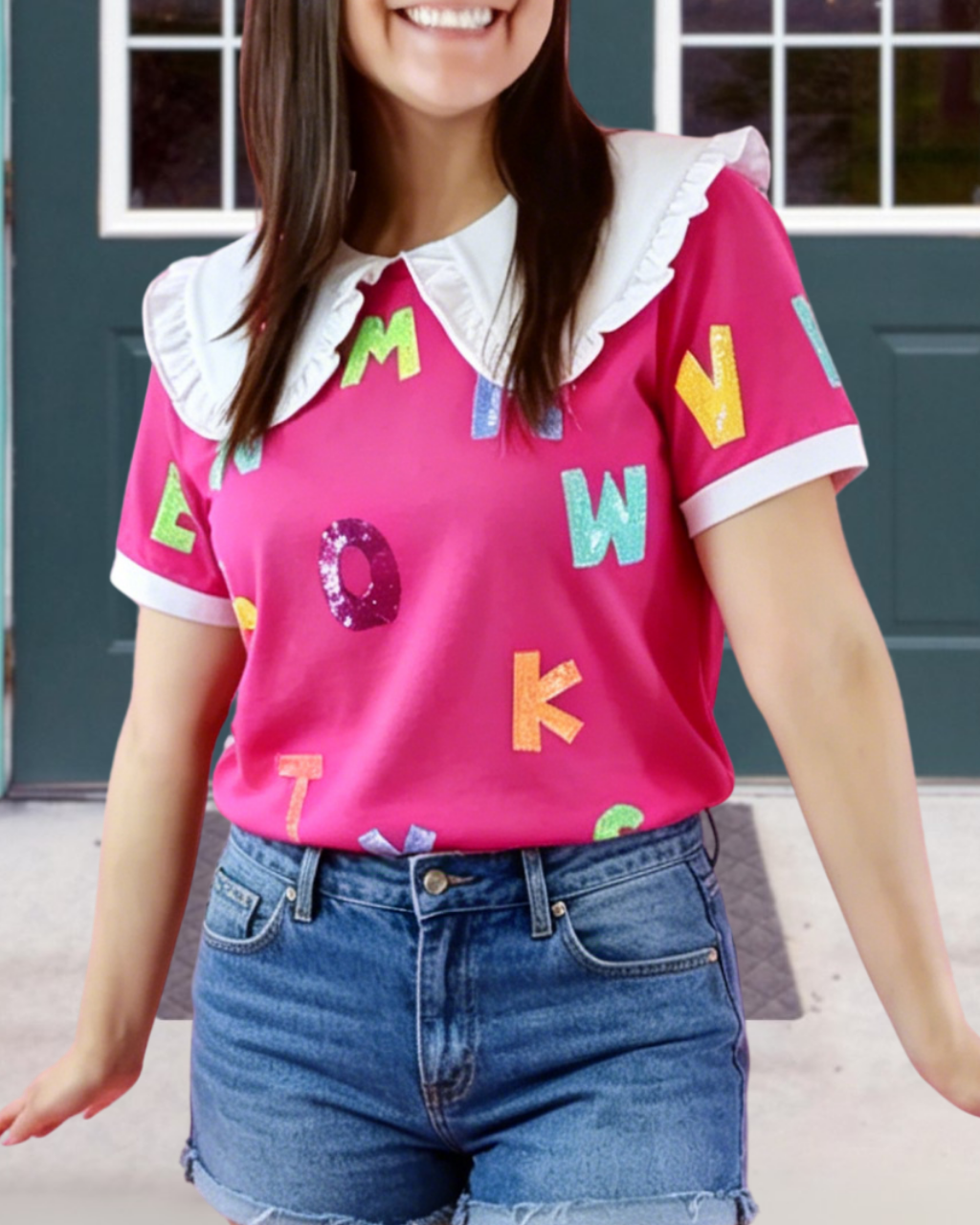 Letter Sequined Large Lapel Top