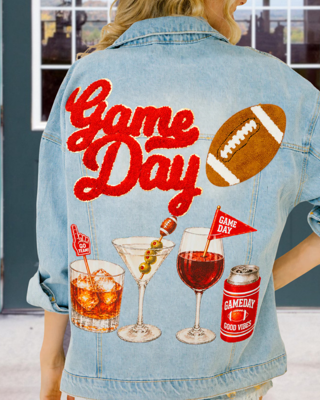 Game Day Embroidered Cocktail Print Denim Jacket