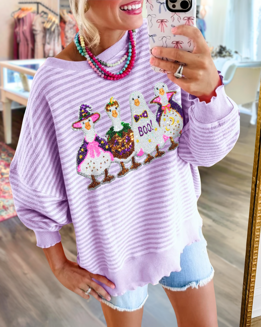 Halloween Duck Sequin Striped Sweatshirt