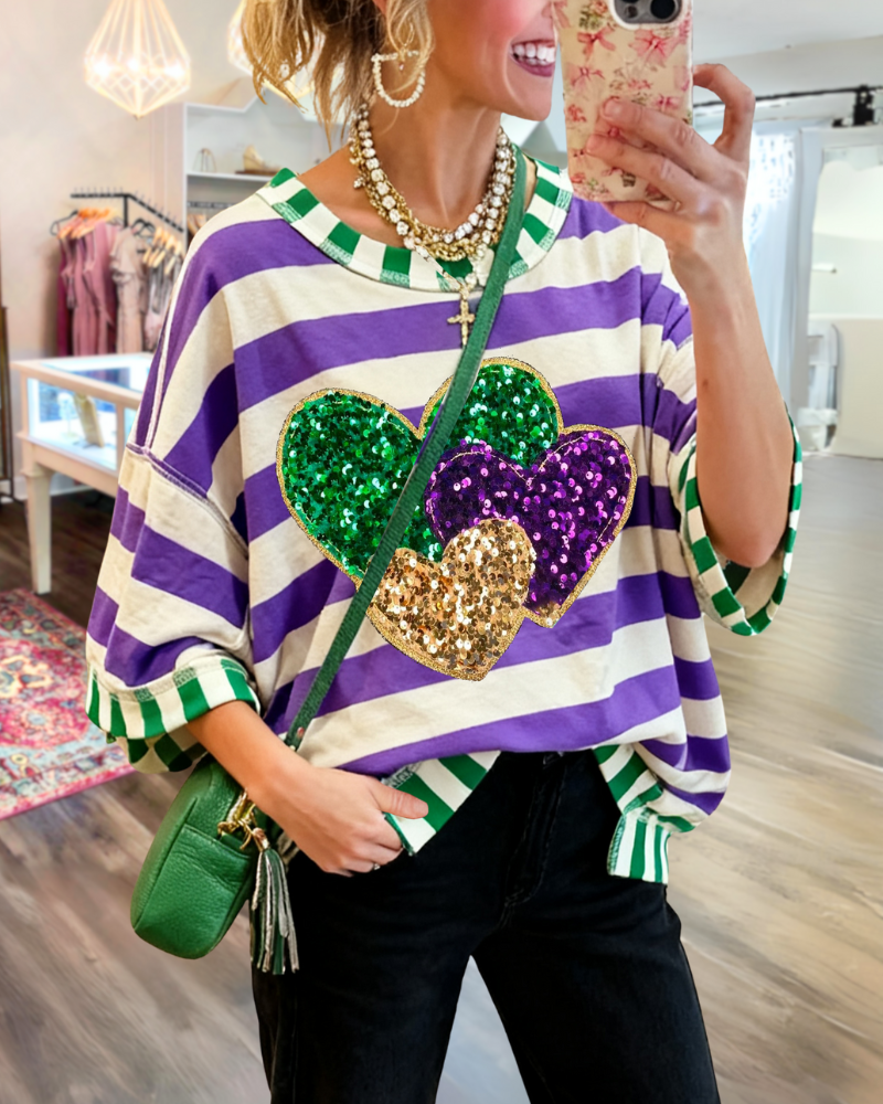 Heart-shaped Sequined Striped T-shirt
