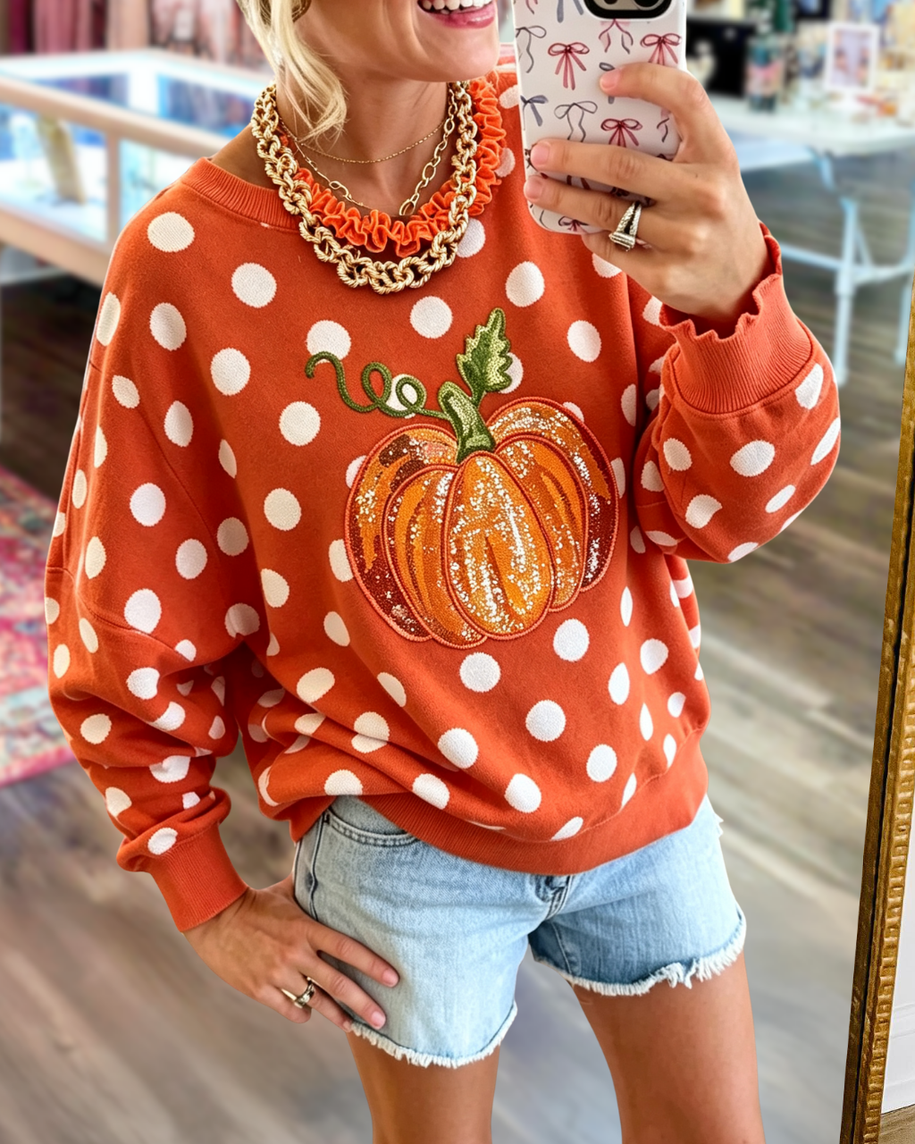 Pumpkin-embroidered Polka-dot Sweatshirt
