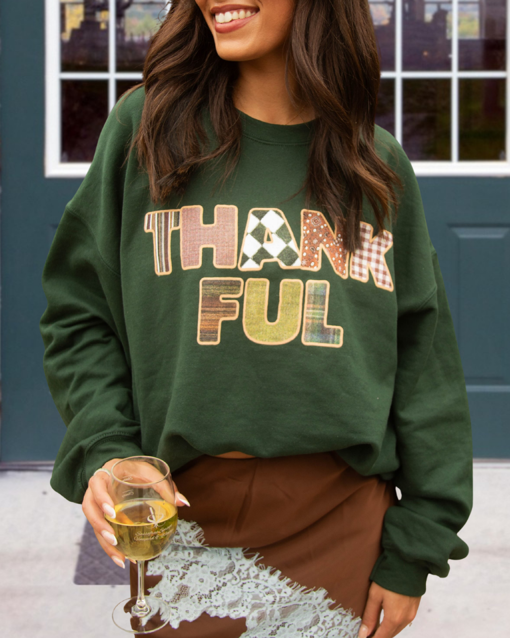 THANKFUL Letter Embroidered Plaid Pullover