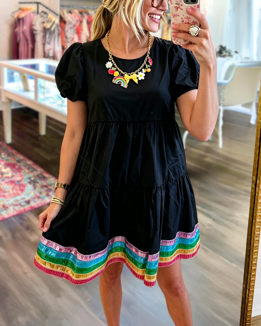 Rainbow Striped Trim Hem Dress