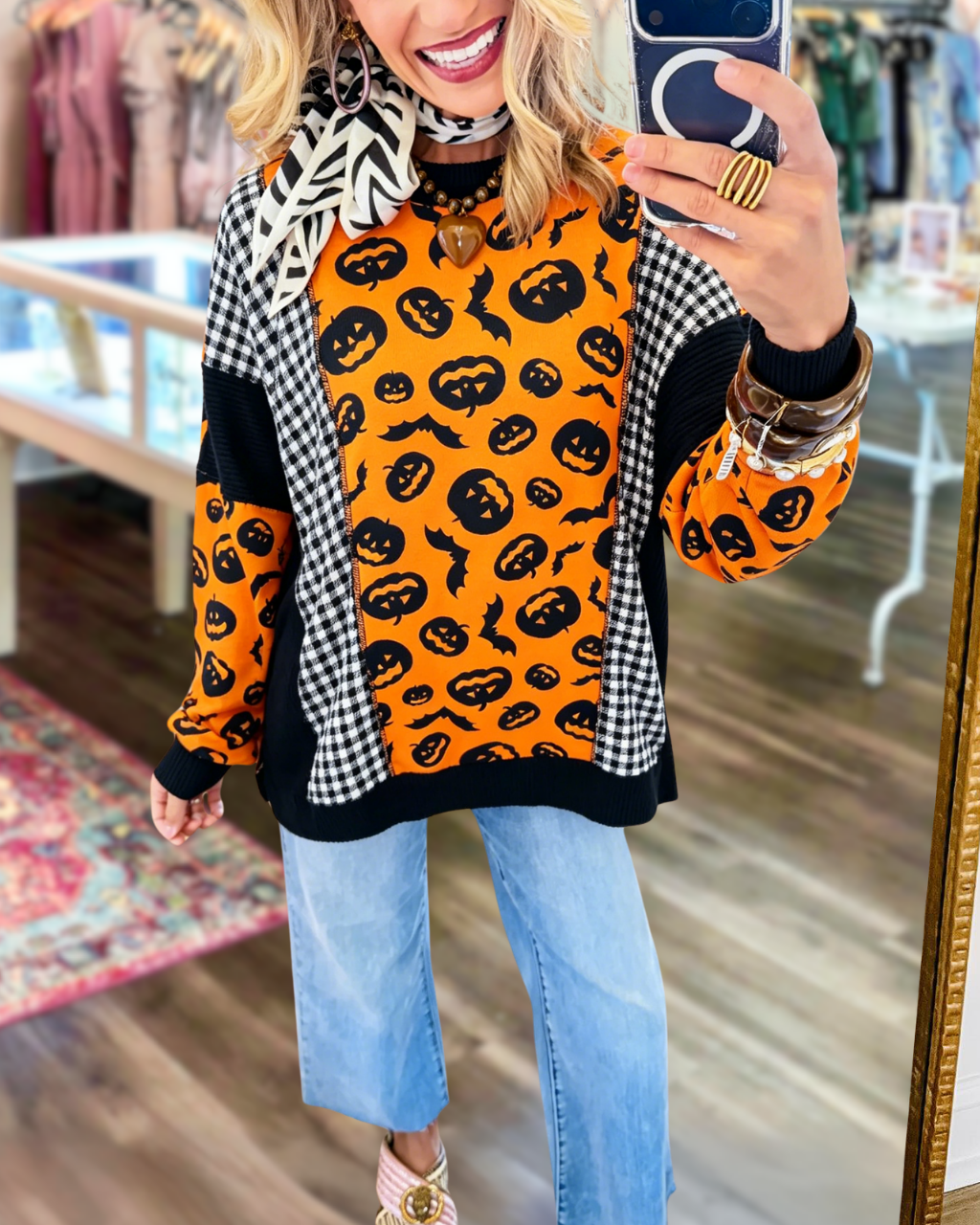 Corduroy Patchwork Pumpkin Lantern Plaid Top