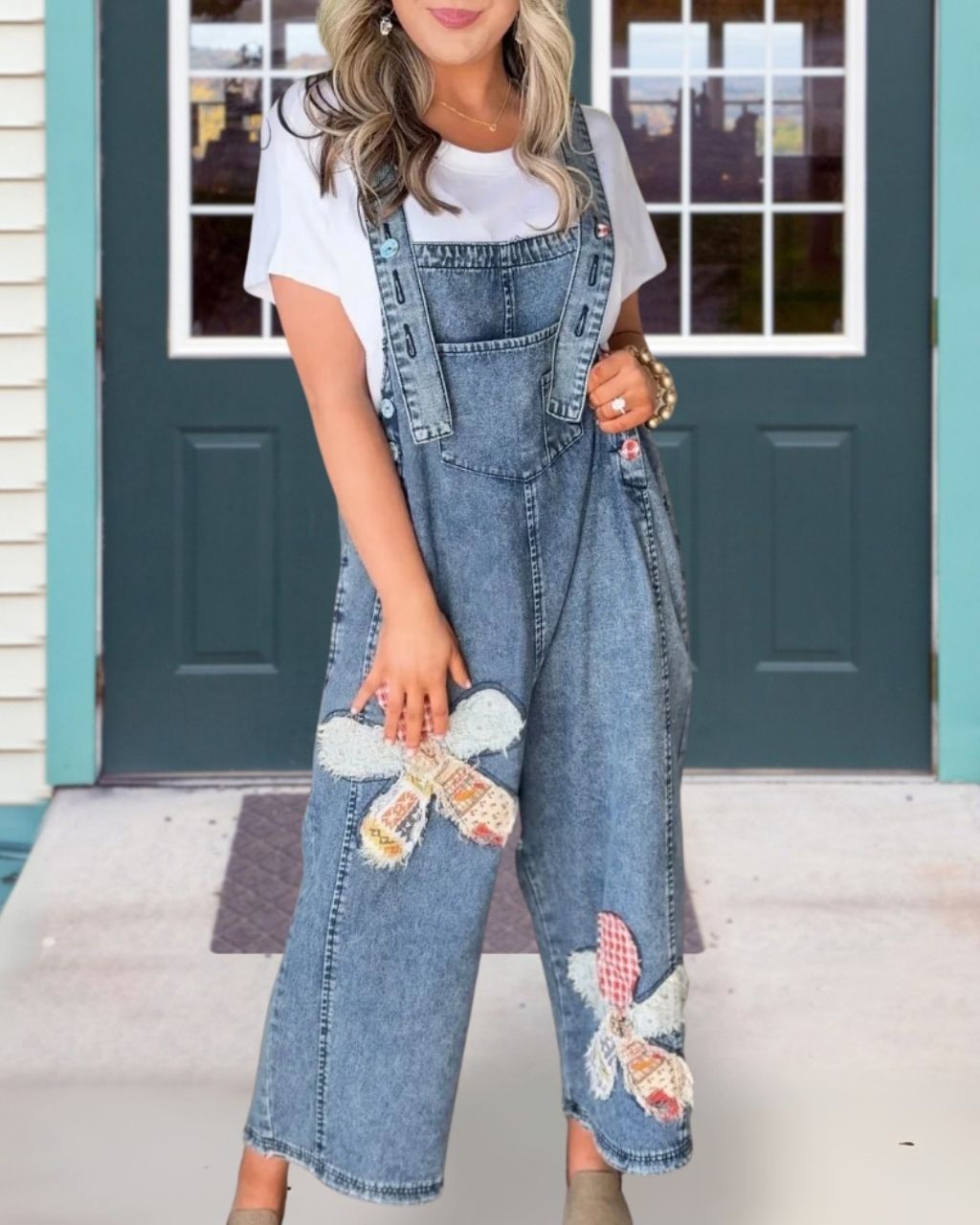 Raw-edge Floral Patch Denim Overalls