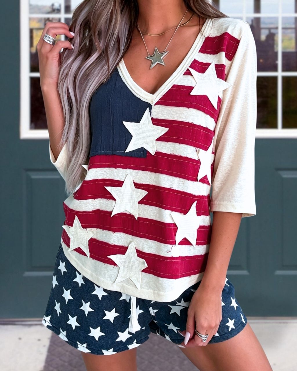Flag-Style Star Embroidered Patch Top