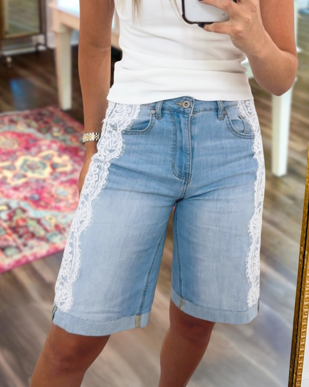 Lace-Trimmed Denim Bermuda Shorts