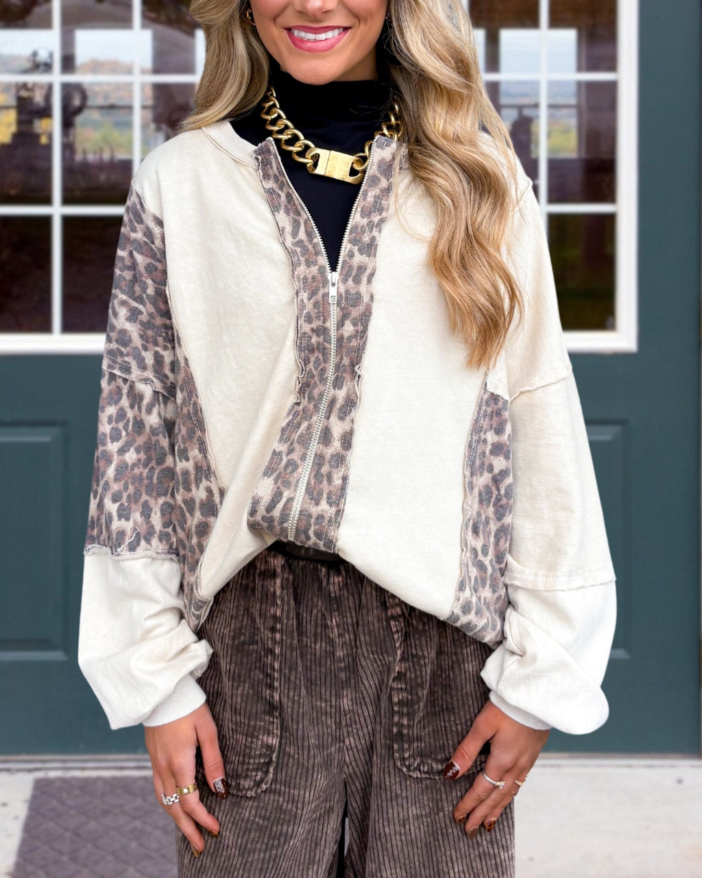 Leopard-print Panel Zip-up Jacket