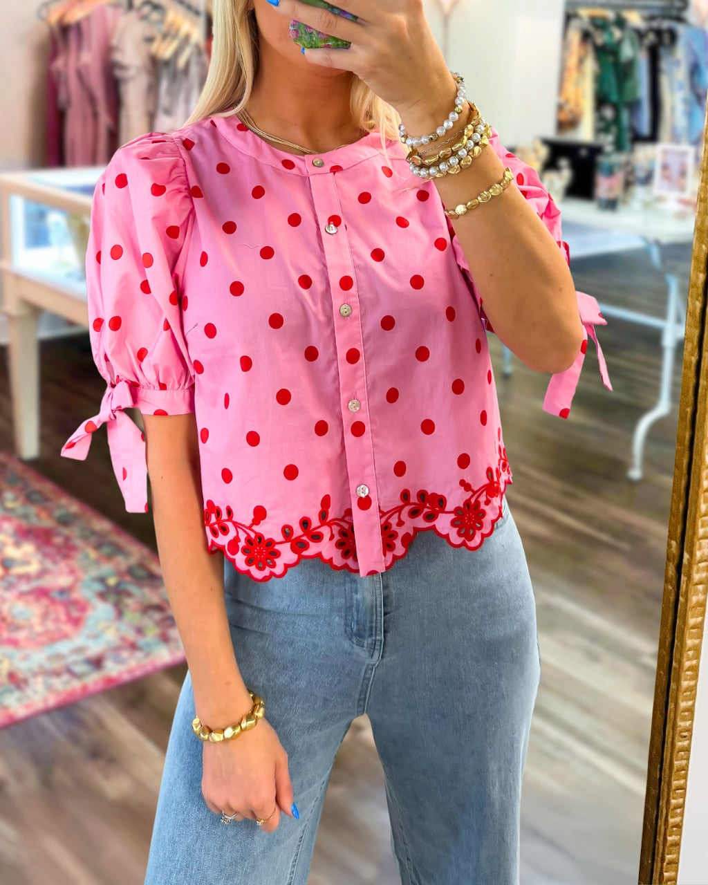 Polka Dot Embroidered Trim Top
