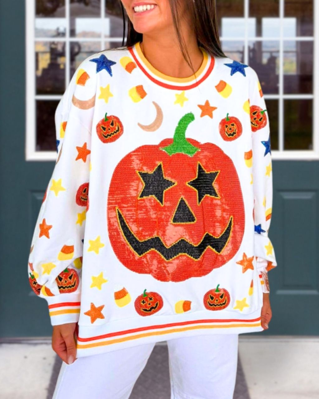 Halloween Pumpkin Star Candy Sequin Pullover