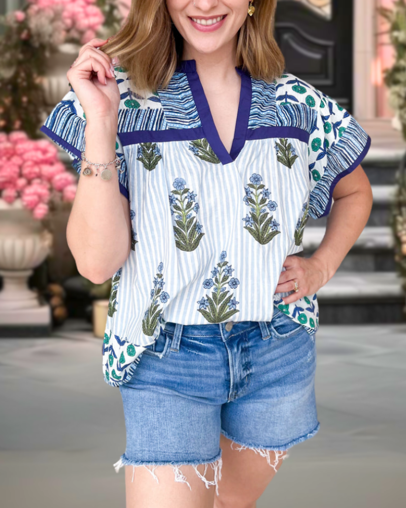 Blue Floral Folk Art Blouse