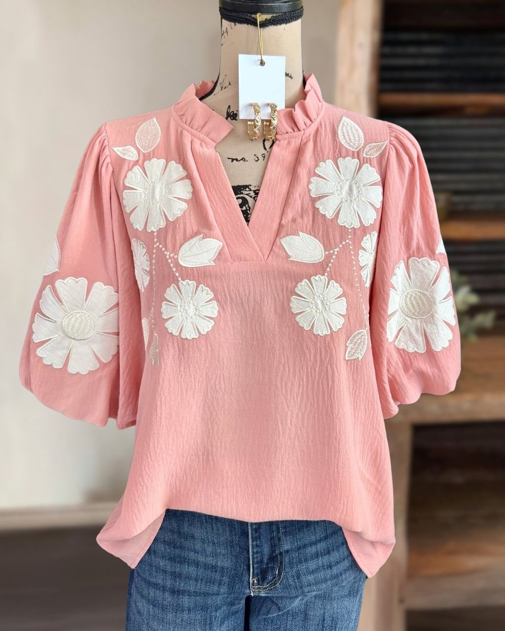 Floral Embroidery Puff-Sleeve Top