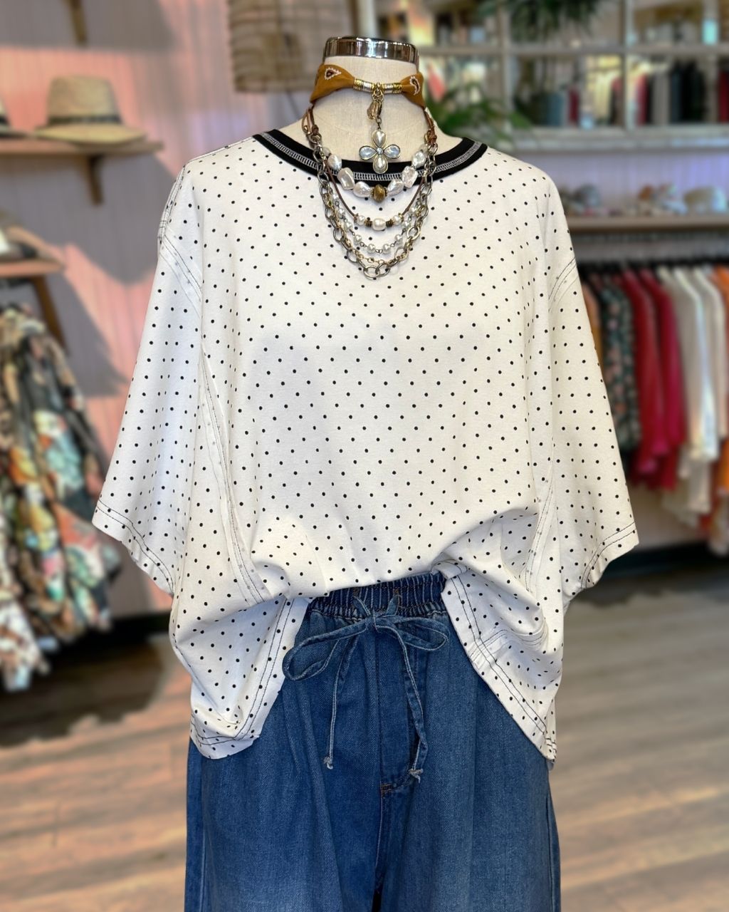 Micro Polka Dot Crew-neck Top