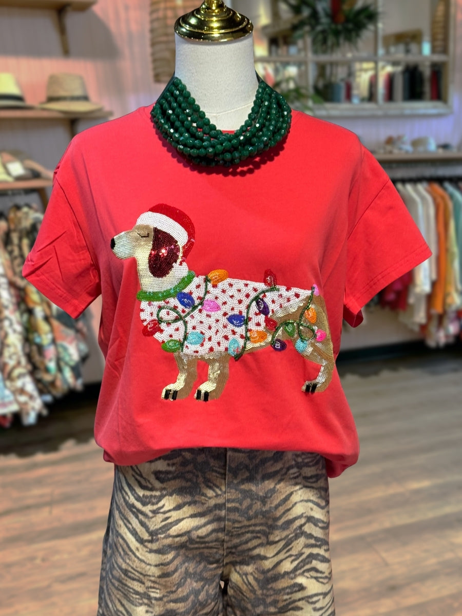 Dachshund Christmas Lights Sequin T-Shirt